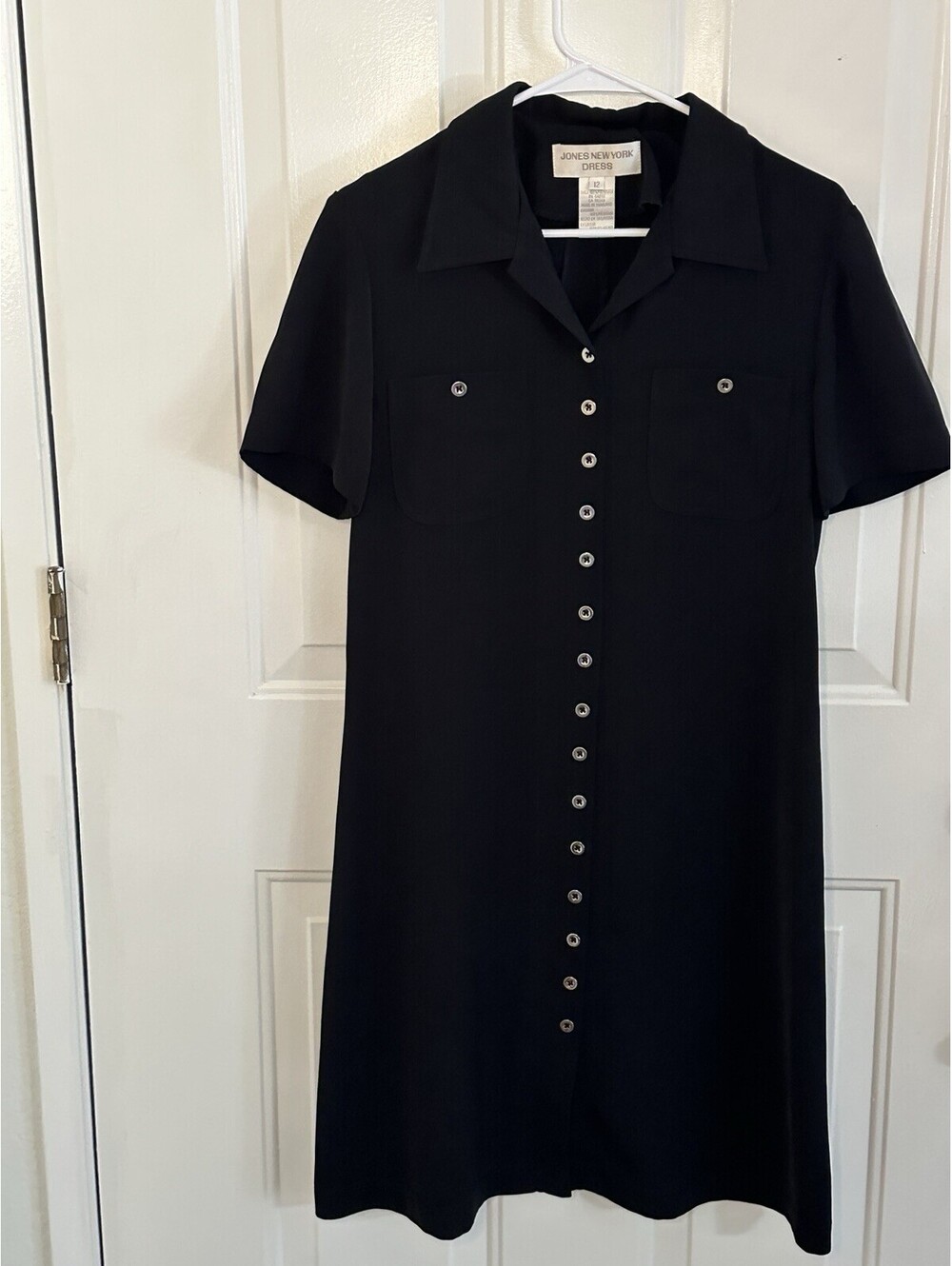 Jones New York Women's Short Sleeve Button Front Black Shirt Dress Size 12P
